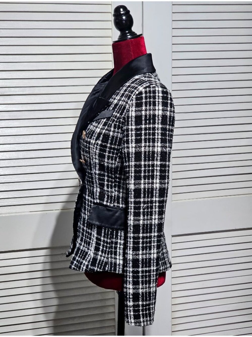 Rachel Parcell Women's Plaid Tweed Double Breasted Satin Lapel Blazer Sz 4 3151 - Picture 4 of 16